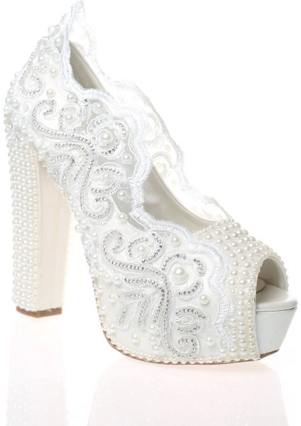 Kadın Beyaz Sedef İnci Taş İşlemeli Gelin Ayakkabı Kadın Topuklu Abiye Ayakkabı Şık Gece Ayakkabısı