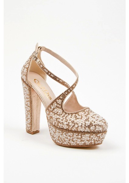 Gold Full İnci Topuklu Kadın Abiye Ayakkabı Kadın Topuklu Şık Gece Ayakkabısı Zarif Tasarım