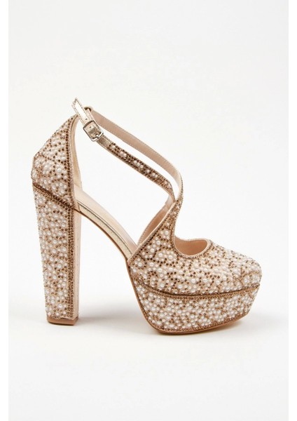 Gold Full İnci Topuklu Kadın Abiye Ayakkabı Kadın Topuklu Şık Gece Ayakkabısı Zarif Tasarım modelleri