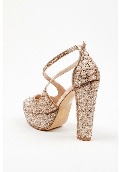 Gold Full İnci Topuklu Kadın Abiye Ayakkabı Kadın Topuklu Şık Gece Ayakkabısı Zarif Tasarım fırsatları