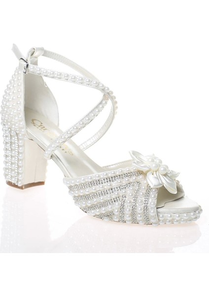 Kadın Beyaz Sedef İnci Taş İşlemeli Gelin Ayakkabı Kadın Topuklu Abiye Ayakkabı Şık Gece Ayakkabısı