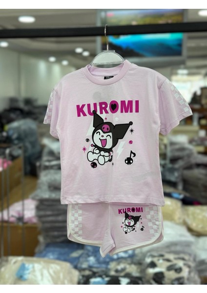 Kız Çocuk Kuromi Yazılı Baskılı Pamuklu Şortlu Alt-Üst Takım Lila