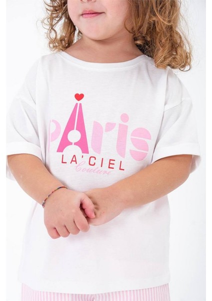 Kız Çocuk Yeni Sezon Laci'el Paris Sloganlı Dokuma Çizgili Şortlu Alt-Üst Takım Pembe