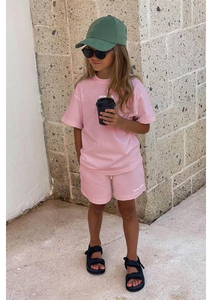 Kız Çocuk Basic Pamuk Pembe Yazılı T-Shirt Şortlu Alt-Üst Takım Pembe