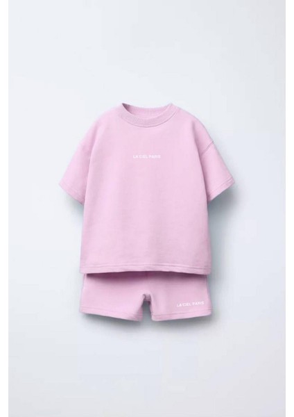 Kız Çocuk Basic Pamuk Pembe Yazılı T-Shirt Şortlu Alt-Üst Takım Pembe