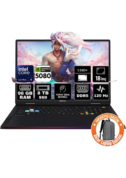 Msı Raıder 18 Hx Aı Intel Core Ultra 9 285HX 96GB 8tb SSD RTX5080/16GB Freedos 18" 120Hz Taşınabilir Bilgisayar A2XWIG-218TR-A10