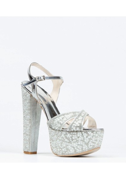 Gold Ayna Full İnci Taşlı Çapraz Model Klasik Topuklu Platformlu Kadın Abiye Ayakkabı Kadın Topuklu