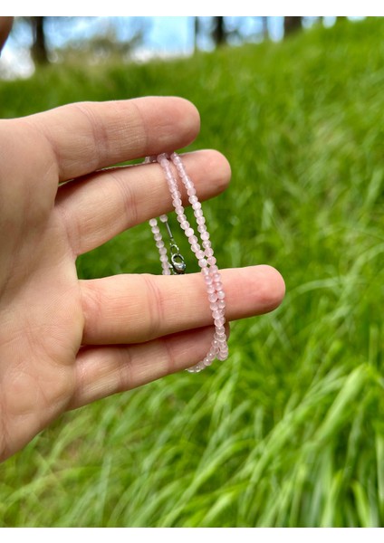 Sertifikalı 3 mm Pembe Kuvars Taşı Bileklik Çelik Klips