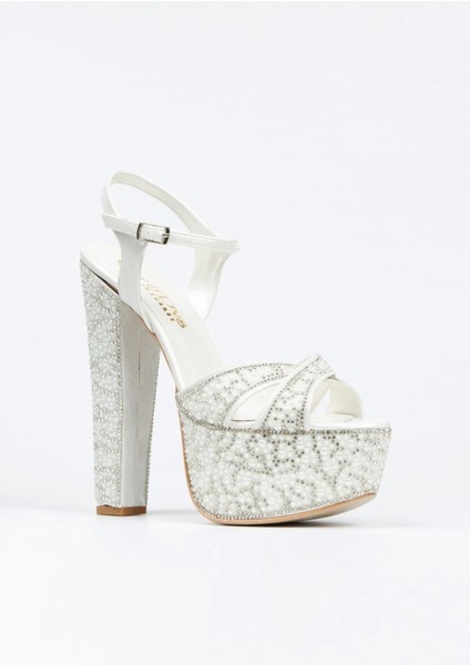 Gold Ayna Full İnci Taşlı Çapraz Model Klasik Topuklu Platformlu Kadın Abiye Ayakkabı Kadın Topuklu
