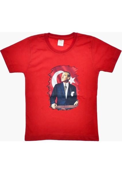 Atatürk Baskılı Ay Yıldızlı Kırmızı Tişört Tshirt Kız Erkek Çocuk