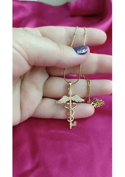 Kararma Yapmaz Zirkon Taşlı Şifa Meleği Tıp Sembolü Kolye