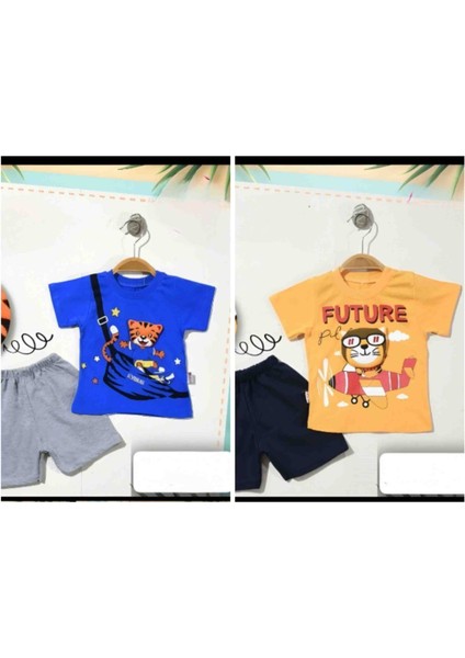 2 Adet Alt Üst Yazlık Şortlu 3 Boyutlu Baskılı Pamuk Çocuk Bebek Takım
