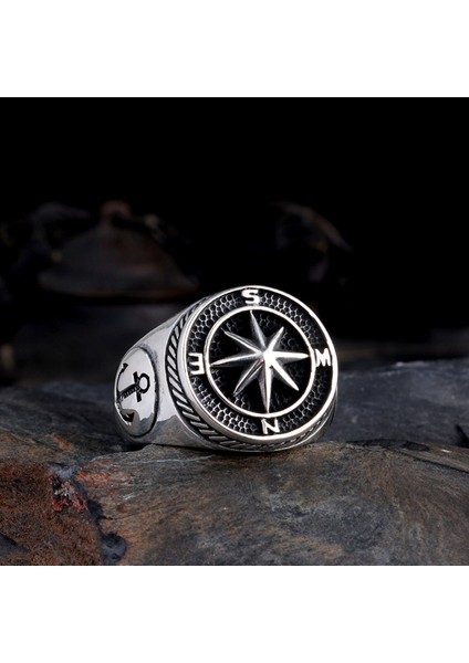 925 Ayar Gümüş Deniz Çapası Pusula Model Erkek Yüzük