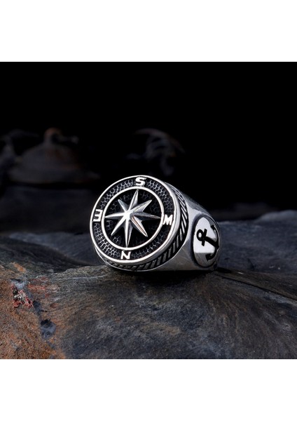 925 Ayar Gümüş Deniz Çapası Pusula Model Erkek Yüzük fiyatları