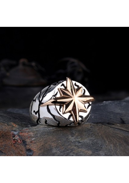 925 Ayar Gümüş Yön Pusulası Model Erkek Yüzük