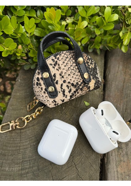Krem Yılan Derisi Görünümlü Apple AirPods 1/2/3/4/pro/pro2/pro3 Uyumlu Universal Çanta