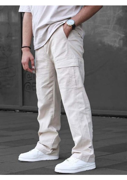 Erkek Kargo Cep Baggy Pantolon Bej