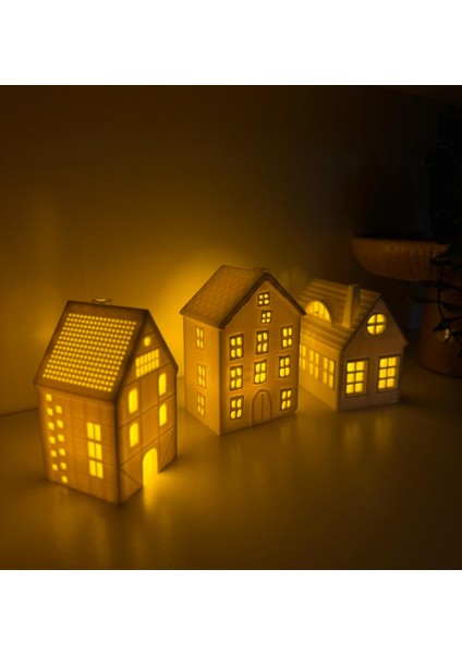 Noel Evleri 3'lü Set Yılbaşı Süsleri Yılbaşı Evleri Dekor Yılbaşı Hediyesi LED Mumluklu modelleri