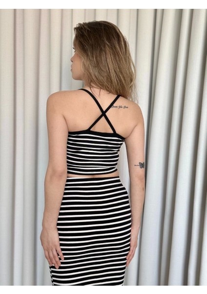 Çizgili Etek Crop Takım