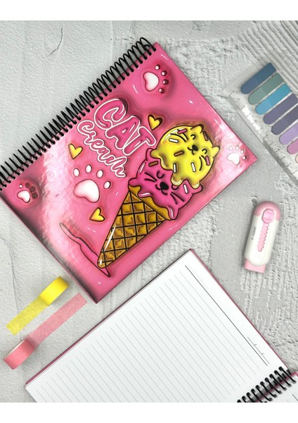Cat Cream Desenli 100 Sayfa Çizgili Spiralli Sert Kapak Defter / Ajanda / Günlük modelleri