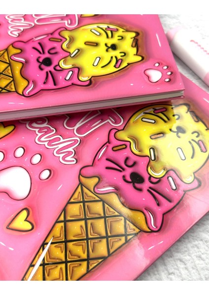 Cat Cream Desenli 100 Sayfa Çizgili Spiralli Sert Kapak Defter / Ajanda / Günlük fırsatları