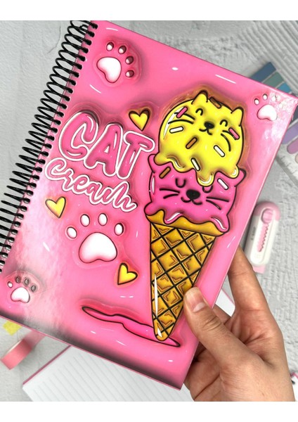 Cat Cream Desenli 100 Sayfa Çizgili Spiralli Sert Kapak Defter / Ajanda / Günlük