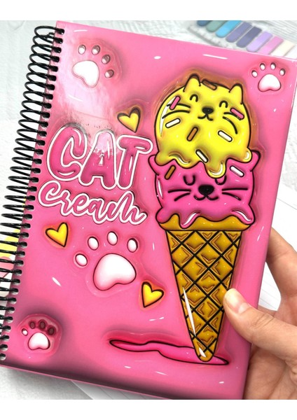 Cat Cream Desenli 100 Sayfa Çizgili Spiralli Sert Kapak Defter / Ajanda / Günlük indirimleri