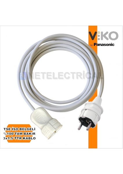 Tekli Seyyar Uzatma Kablosu - 10 Metre 3x1.5 Ttr Beyaz Kablo | Düz Erkek Fiş