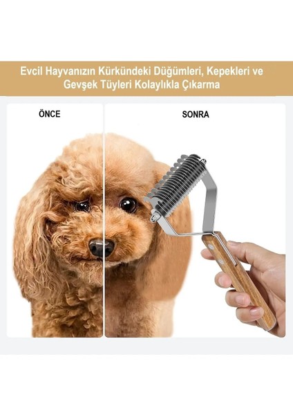 Evcil Hayvan Tarağı Çift Taraflı Kedi Köpek Kıtık Tüy Topak Açıcı Metal Dişli Ahşap Saplı