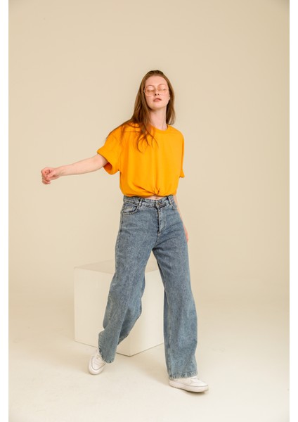 Kadın Hardal/Sarı Oversize Bisiklet Yaka %100 Pamuk Düz Basic Yazlık T-Shirt fırsatları