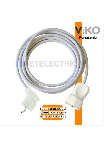 Tekli Seyyar Uzatma Kablosu - 15 Metre 3x1.5 Ttr Beyaz Kablo | Yan Erkek Fiş