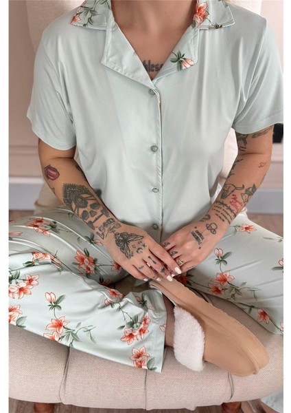 Mint Floral Breeze Exclusive Önden Düğmeli Kadın Pijama Takımı