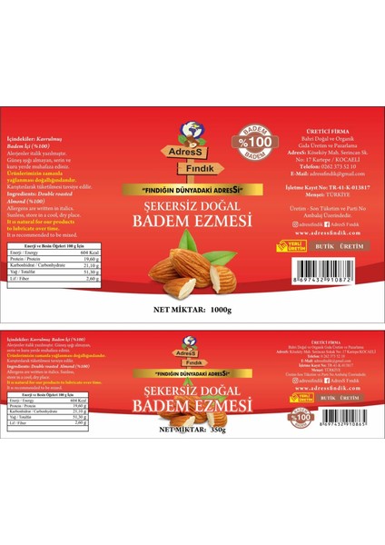 - Şekersiz Doğal Badem Ezmesi 1 kg