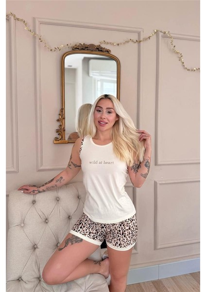 Krem Wild At Heart Desenli Sıfır Kol Şortlu Örme Kadın Pijama Takımı