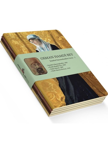 Istanbul Hanımefendileri Serisi I - A5, Osman Hamdi Bey 4'lü Defter Seti I, Çizgisiz, Toplam 256 Sayfa, Her Biri 64 Sayfa, Tel Dikiş, Esnek Kapak, Tuval Doku, 60 Gram, Sarı Krem Renk