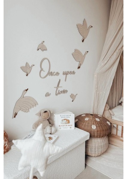 Once Upon A Time + Uçan Kazlar Ahşap Bebek ve Çocuk Odası Iskandinav Tarzı Duvar Dekoru - Set
