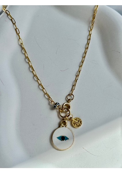 Beyaz Göz Detaylı Altın Kaplama Zincir Kolye