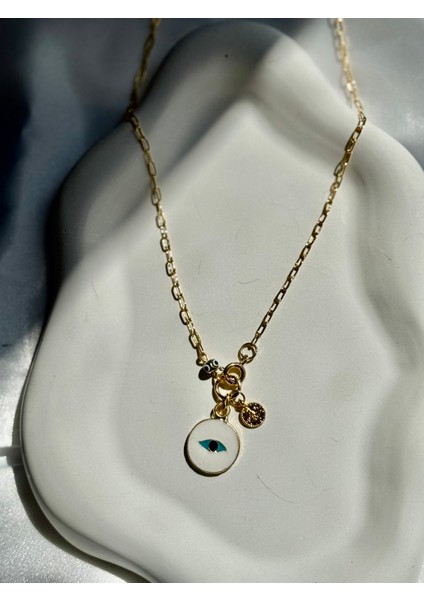 Beyaz Göz Detaylı Altın Kaplama Zincir Kolye fiyatları