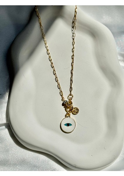 Beyaz Göz Detaylı Altın Kaplama Zincir Kolye modelleri