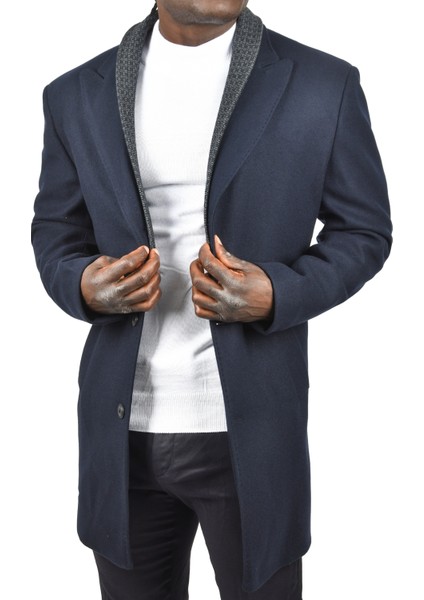 Çift Yaka Yakası Çıkabilen Dar Kesim Düğmeli Uzun Kaşe Kaban 2407001