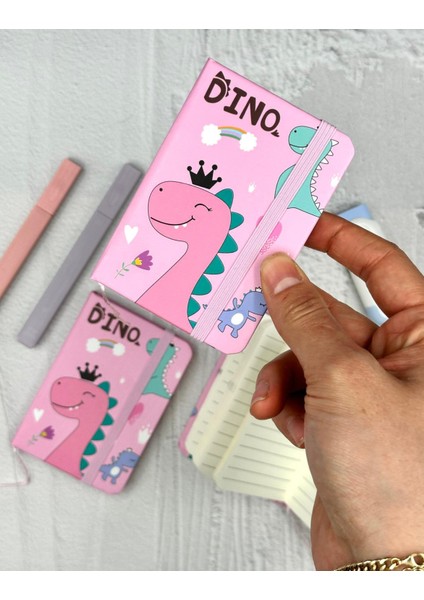 Sevimli Dino Desenli Mini Çizgili 80 Yaprak Pembe Renk Defter