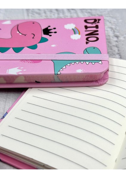 Sevimli Dino Desenli Mini Çizgili 80 Yaprak Pembe Renk Defter
