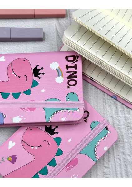 Sevimli Dino Desenli Mini Çizgili 80 Yaprak Pembe Renk Defter