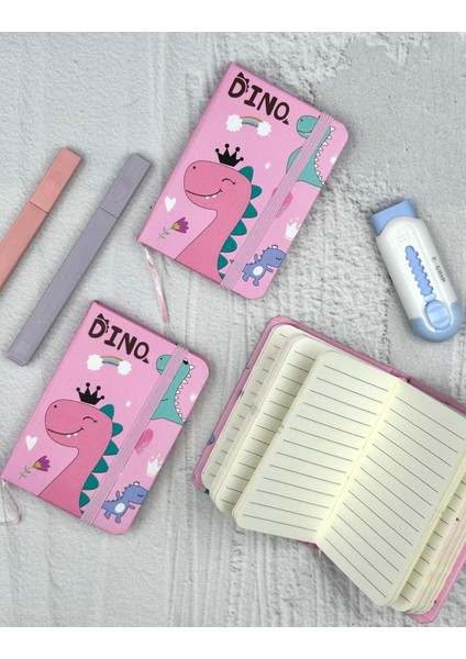 Sevimli Dino Desenli Mini Çizgili 80 Yaprak Pembe Renk Defter