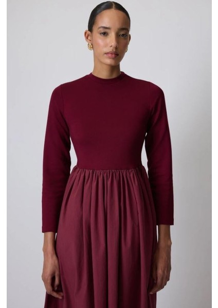 Pile Detaylı Elbise Bordo