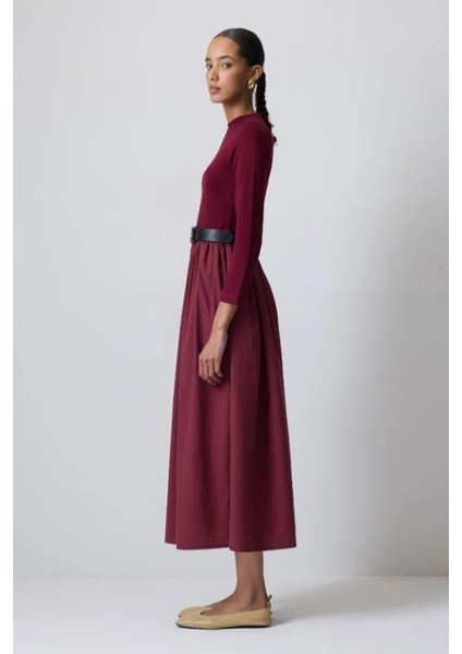 Pile Detaylı Elbise Bordo