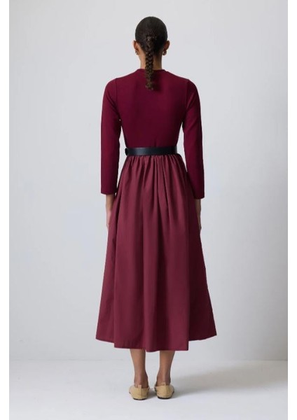 Pile Detaylı Elbise Bordo