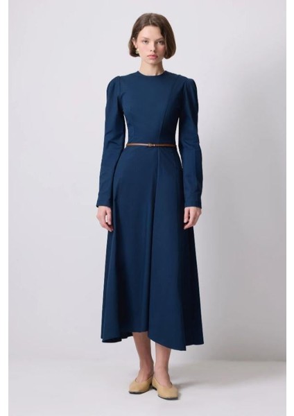 Ince Kemerli Godeli Elbise Lacivert