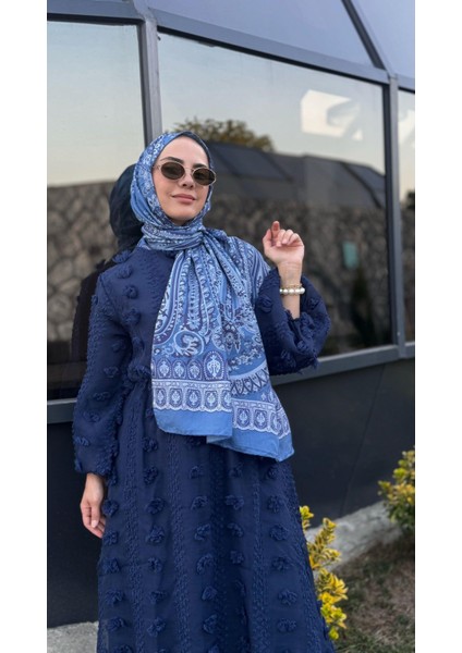 Beli Büzgülü Şifon Elbise Lacivert