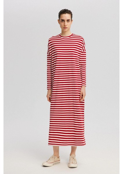 Çizgili Oversize Elbise Kırmızı